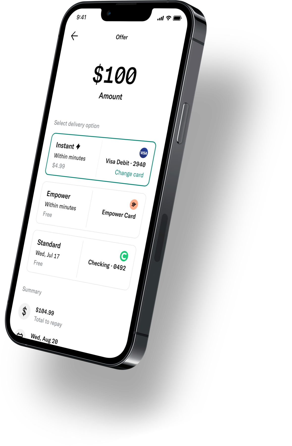 Empower cash advance offer with instant, card, and standard delivery options