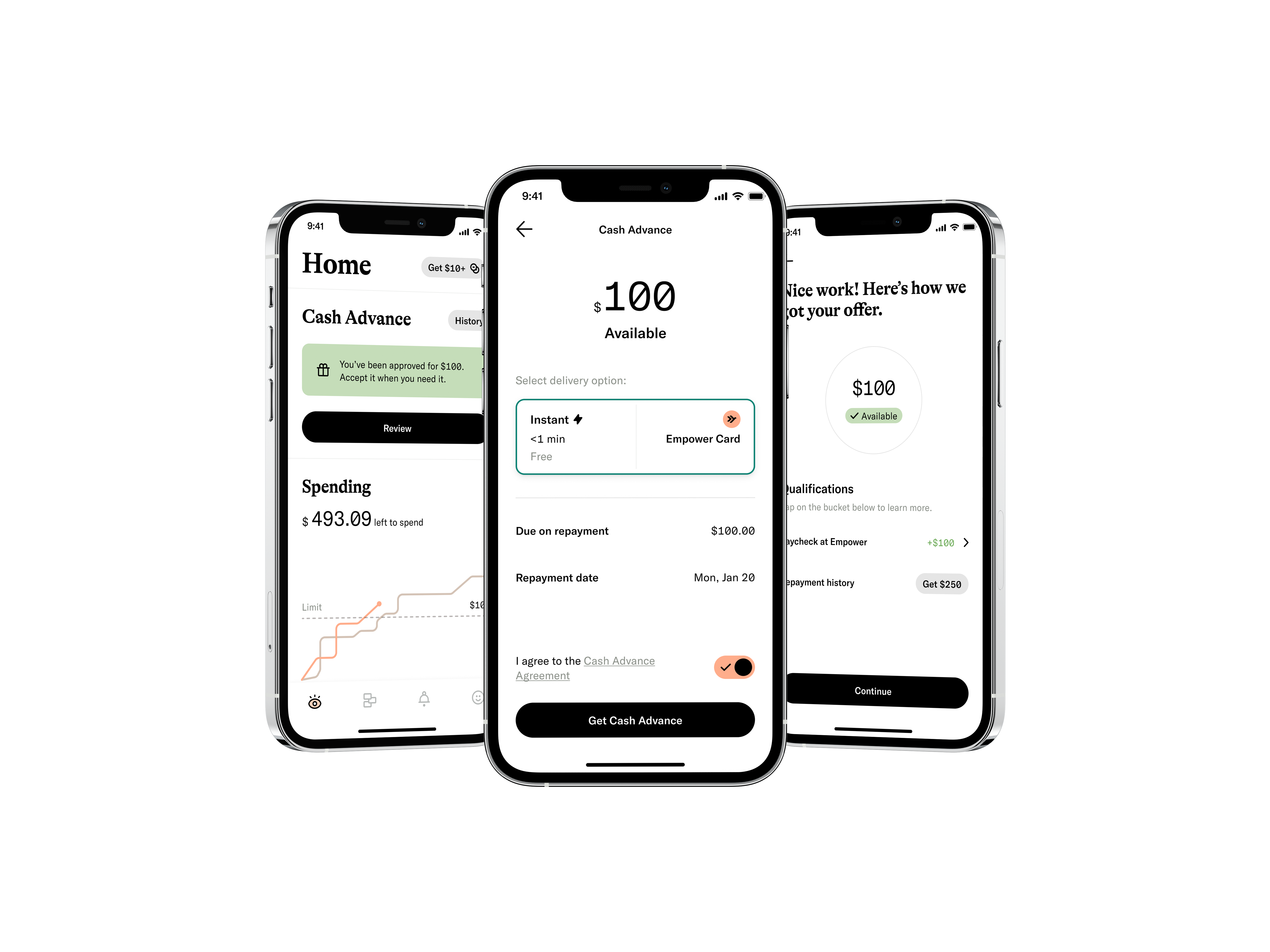 Empower Cash Advance home, delivery, and offer explainer screens