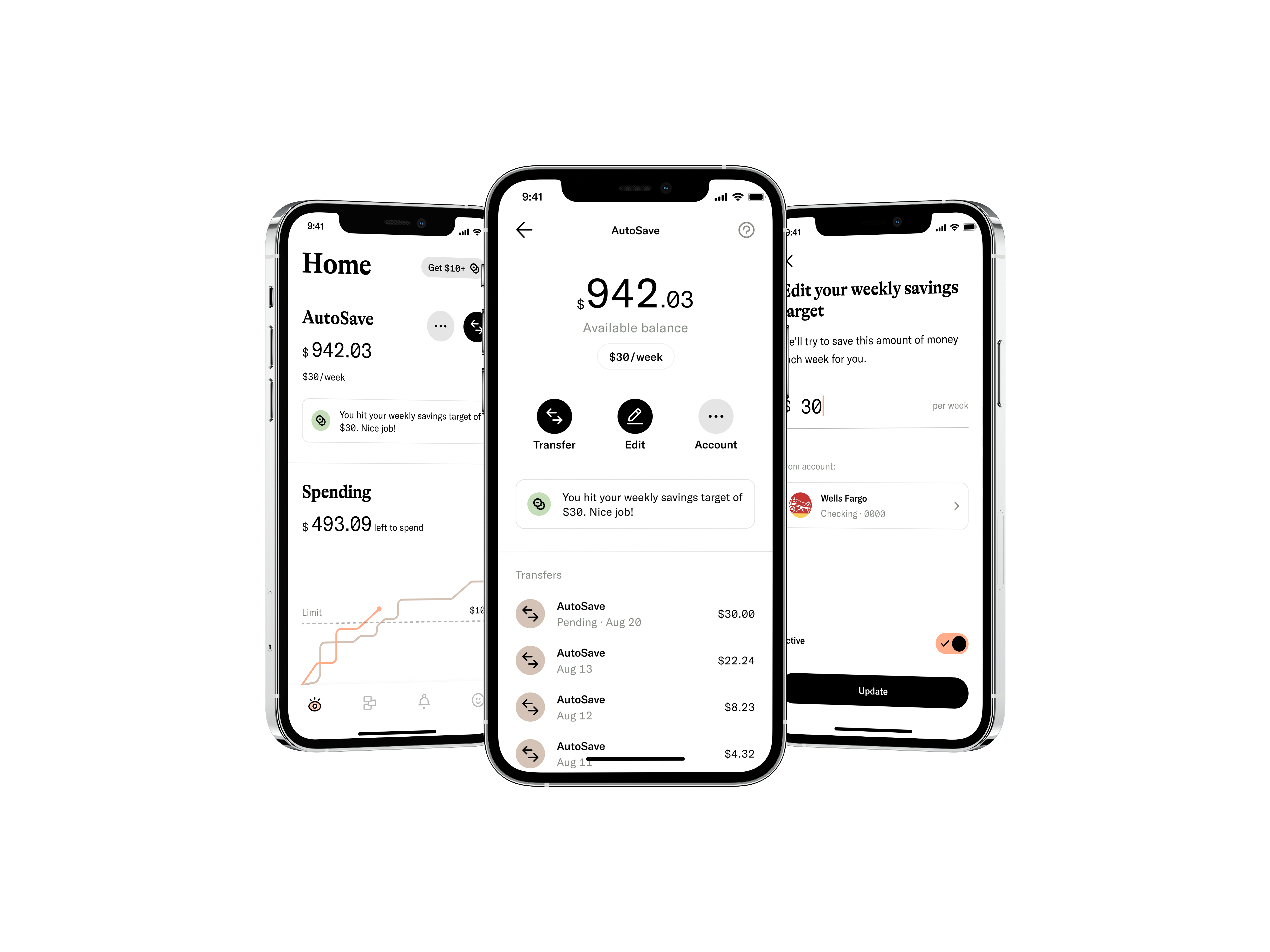 Empower AutoSave home, account, and weekly savings target screens
