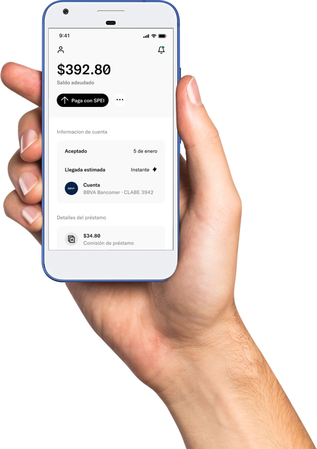 A hand holding the Mexico product's SPEI payment screen